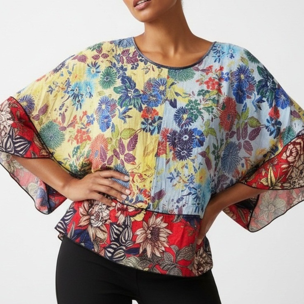 Fleur de Lis Womens Floral Kimono Sleeve Blouse Rayon Mixed Print Boho XL